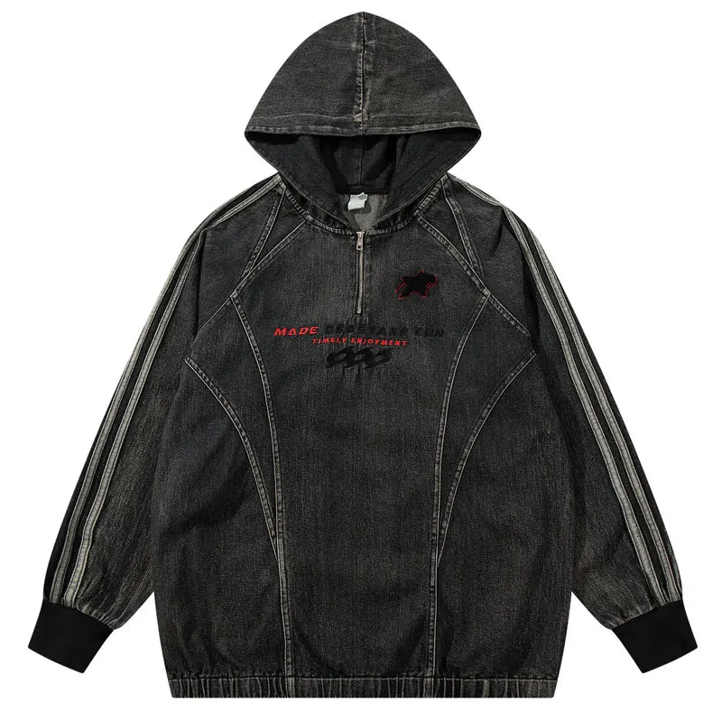 Vintage  Denim Hoodie Jacket Y2K Embroidered Half Zip Up Oversized Hooded Jean Sweatshirt Coat Streetwear Hip Hop Baggy Pullover