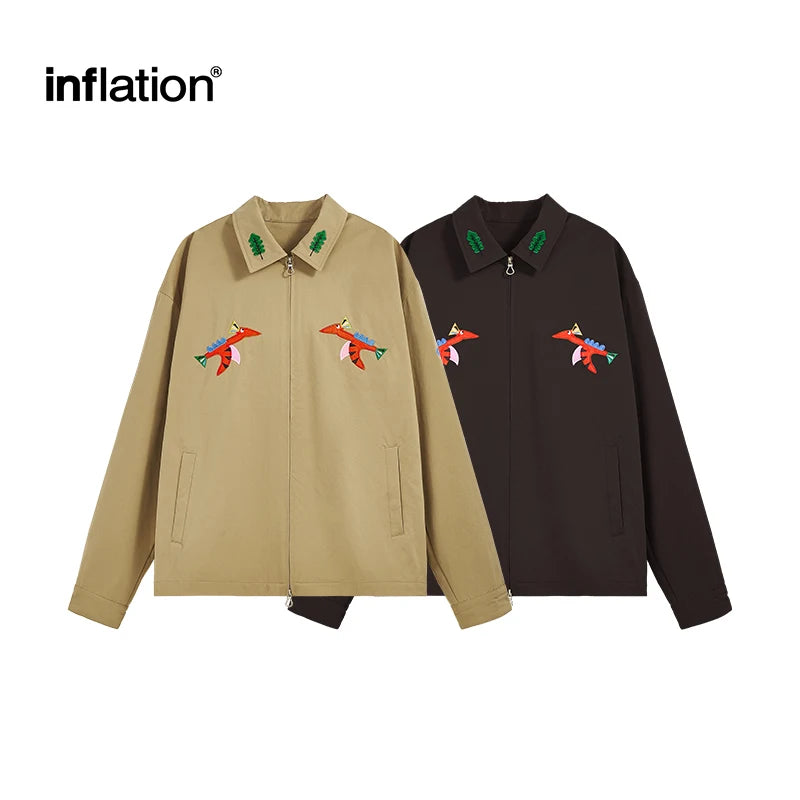 INFLATION Men's Cartoon Embroidery Shorten Jacket American Street Style Turn Down Outerwear