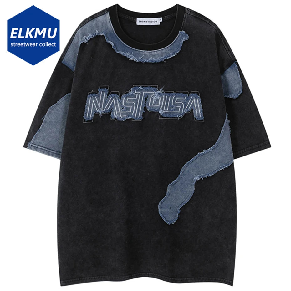 2025 Men Hip Hop Oversized T Shirts Broken Patchwork Harajuku Streetwear T-Shirts Summer Loose Causal Short Sleeve Tee Tops