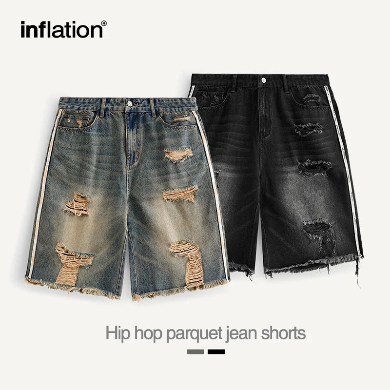 INFLATION Hip Hop Ripped Denim Shorts Men Trendy Patchwork Distressed Jeans for Men Streetwear