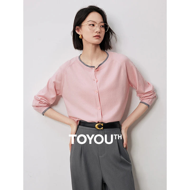 TOYOUTH Women Knitted Sweater 2024 Autumn New Contrasting Color Single Breasted Button Long Sleeve Round Neck Cardigan