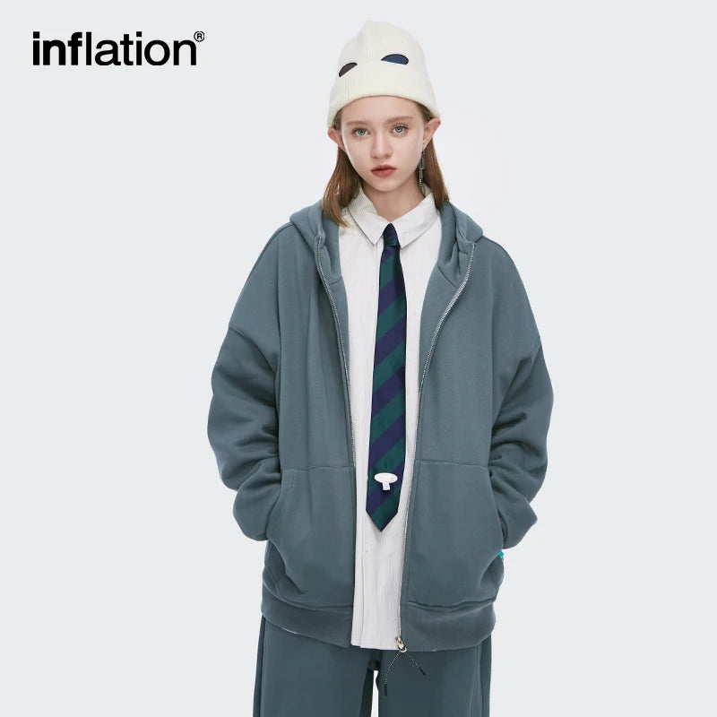 INFLATION Zip Up Hoodies Set Men Oversized Two Pieces Set Winter Thick Fleece Casual Tracksuit Couple Zipper Sweatsuit