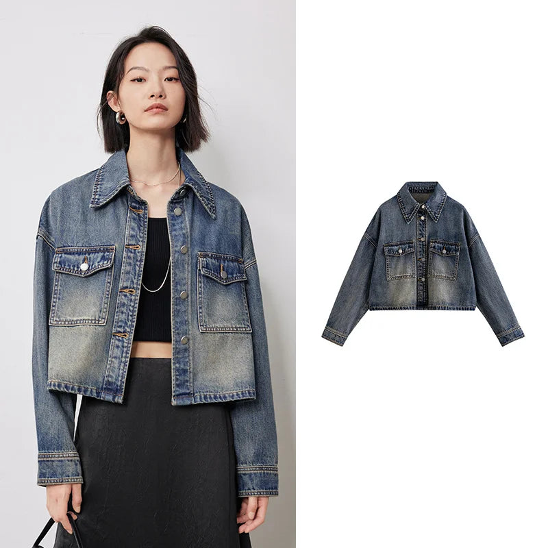 TOYOUTH Women Denim Jacket 2024 Autumn New Turn Down Collar Single Breasted Button Short Jacket