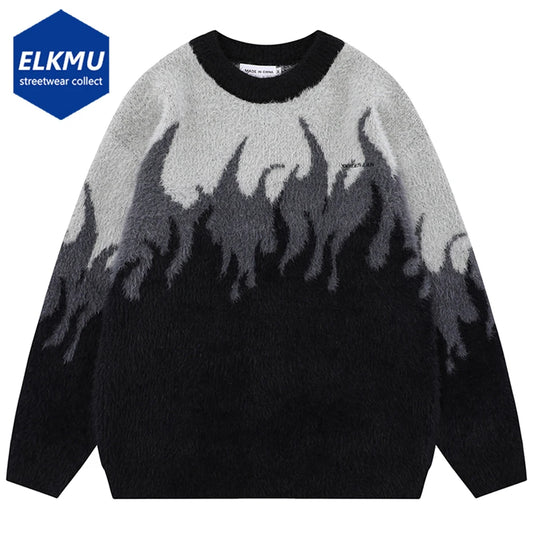 Men Streetwear Hip Hop Sweater Fire Graphic Loose Knit Jumper Oversized Harajuku Pullover Sweaters 2024