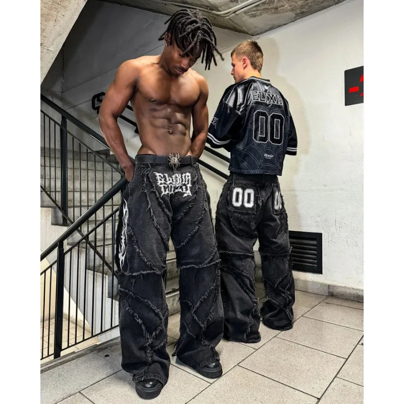 High Street Punk Hip-Hop Letter Embroidery Splicing Raw Edge Design Oversized Jeans for Men Y2K Trendy Gothic Fashion sweatpants