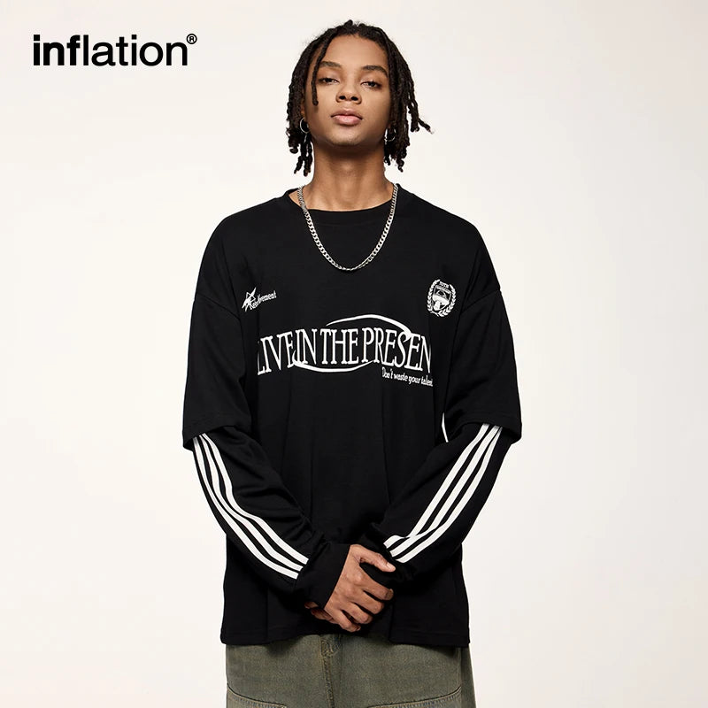 INFLATION Retro Double Layer Tshirts Men Streetwear Hip Hop Oversized Long Sleeve Tees Sportswear