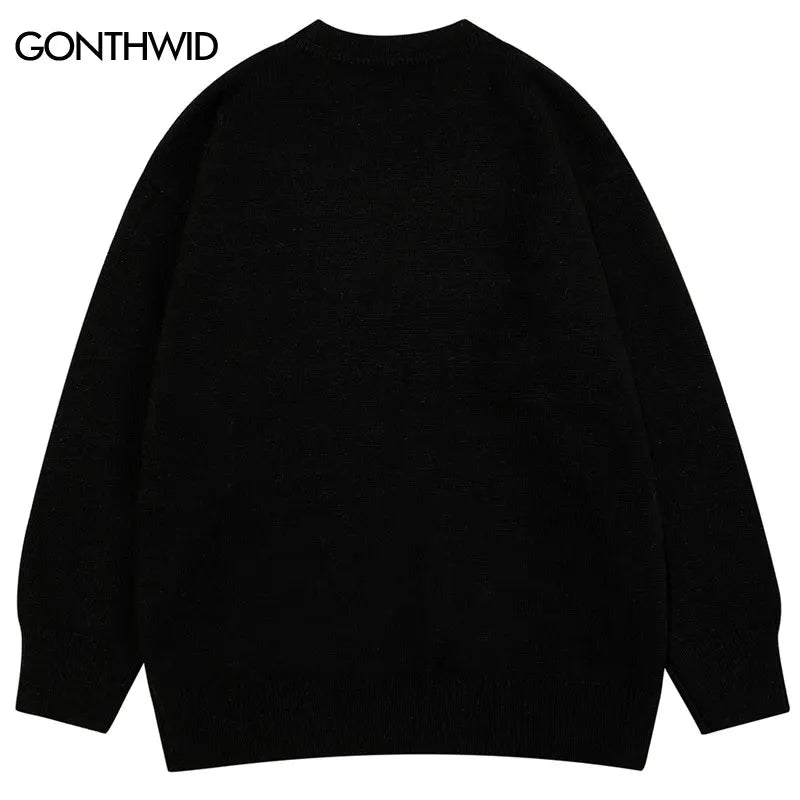 Harajuku Sweater Y2K Knitted Japanese Anime Cartoon Girl Jumper Streetwear 2024 Hip Hop Men Casual Loose Pullover Black Pink