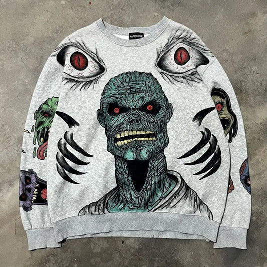 Y2K Zombies Pattern Printing Long sleeved T shirt Fashion Round Neck Oversized T shirt New Men Women Casual Gothic Clothing Tops