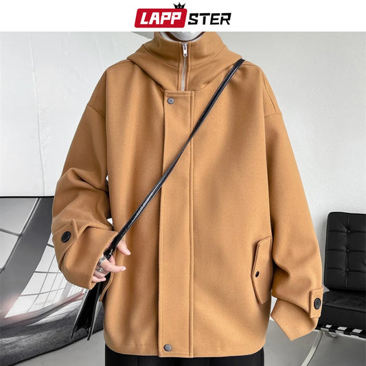 LAPPSTER Black Harajuku Korean Fashion Trench Coat Winter Harajuku Streetwear Woolen Coat Casual Vintage Hooded Jackets Coats