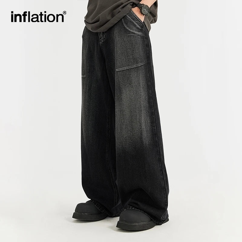 INFLATION Men's Baggy Jeans 2024 Trendy High Street Wide Leg Denim Trousers