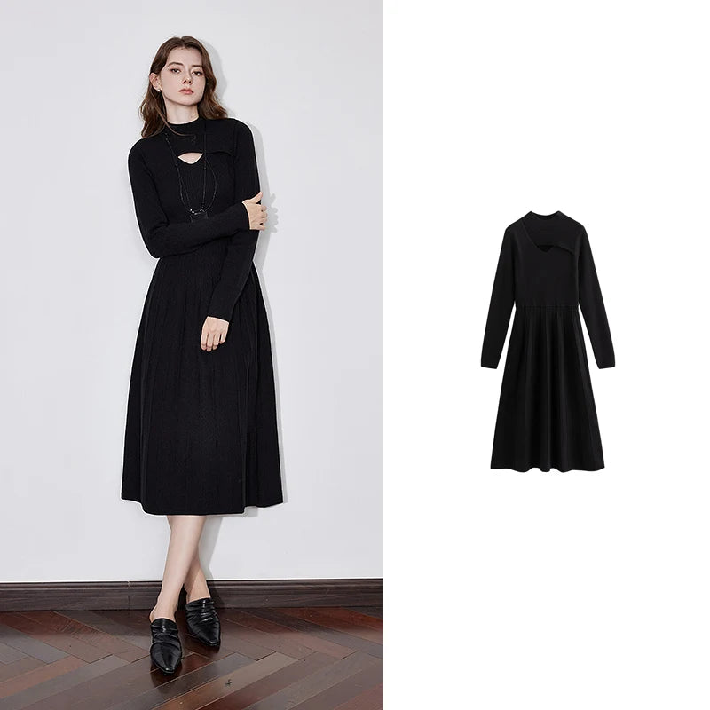 TOYOUTH Women Knitted Dress 2024 Autumn and Winter New Turtleneck Collar Hollow Out Knitted Medium Long Woolen Dress