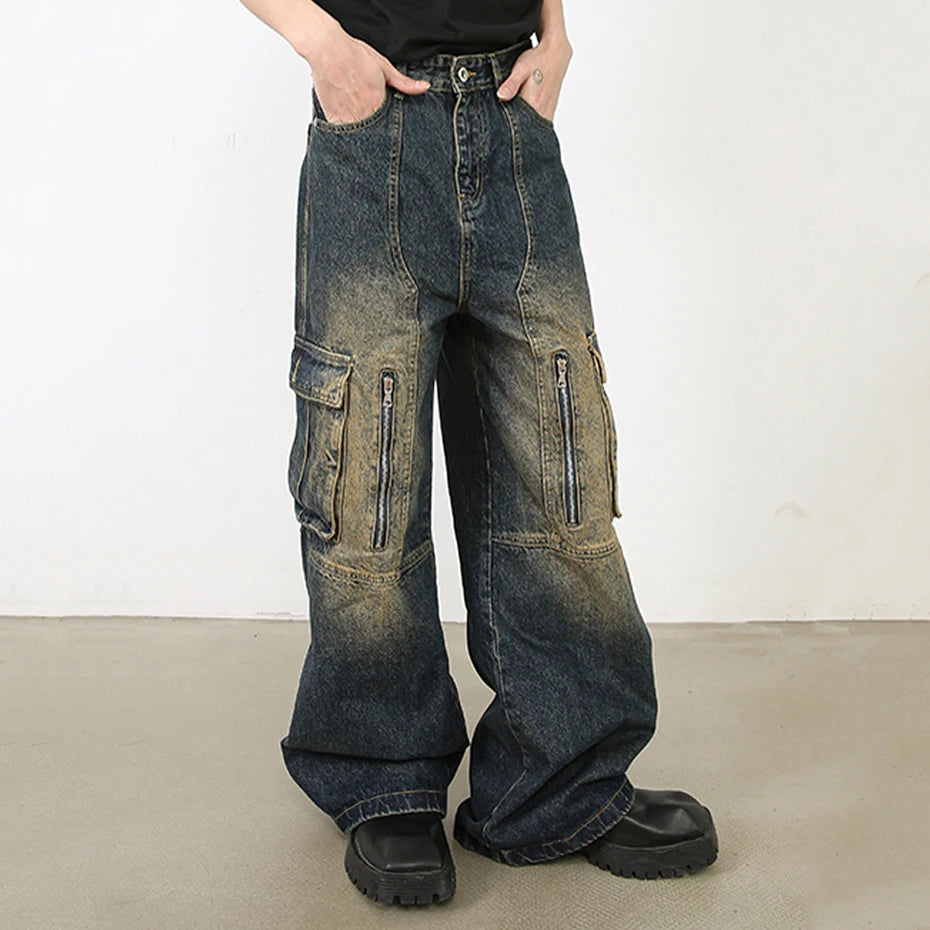 Men Vintage Baggy Jeans Blue Loose Straight Denim Pants Multi Pocket Retro Blue Jeans Trousers Male