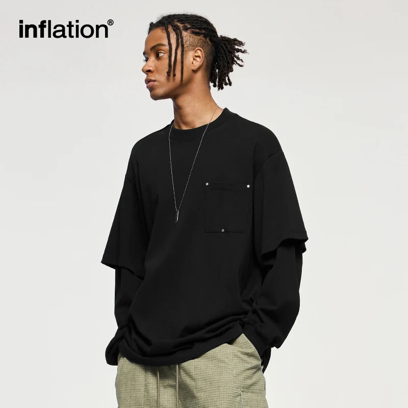 INFLATION Fake Two-Piece Long-Sleeve Tees for Unisex Minimalist Oversized Tshirts With Pocket