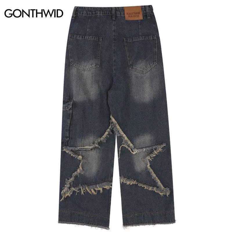 Vintage Cargo Jeans Y2K Hip Hop Retro Embroidery Star Patch Baggy Denim Pants Streetwear Men Harajuku Straight Loose Jeans Blue