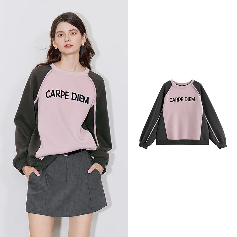 TOYOUTH Women Hoodies Sweatshirt 2024 Autumn New Letter Contrasting Color American Trending Pullover Tops