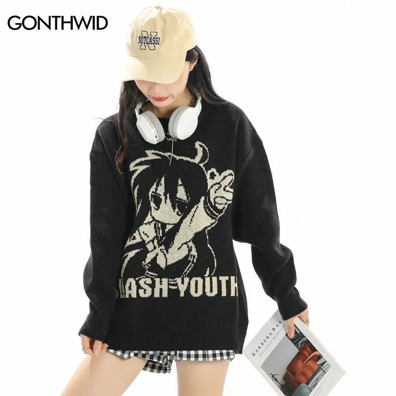 Harajuku Sweater Y2K Knitted Japanese Anime Cartoon Girl Jumper Streetwear 2024 Hip Hop Men Casual Loose Pullover Black Pink