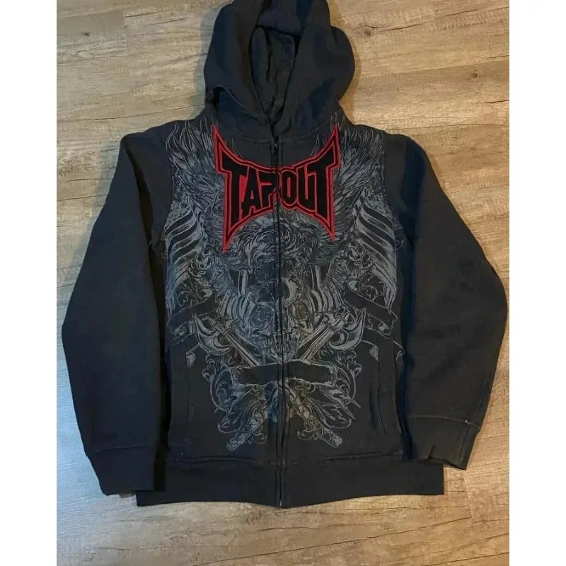 Y2K Fashion Tapout Zipper Hooded Sweater Retro Hip-hop Letter Printing Oversized Black Hooded Sweater Men And Women Gothic Tops