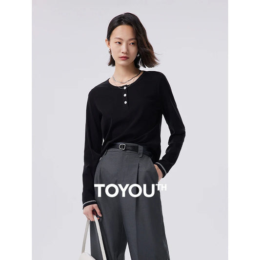 Toyouth Women Tees 2023 Autumn Long Sleeve Round Neck with Buttons Slim Fit T-shirt Pleated Waist Design Fashion Casual Tops