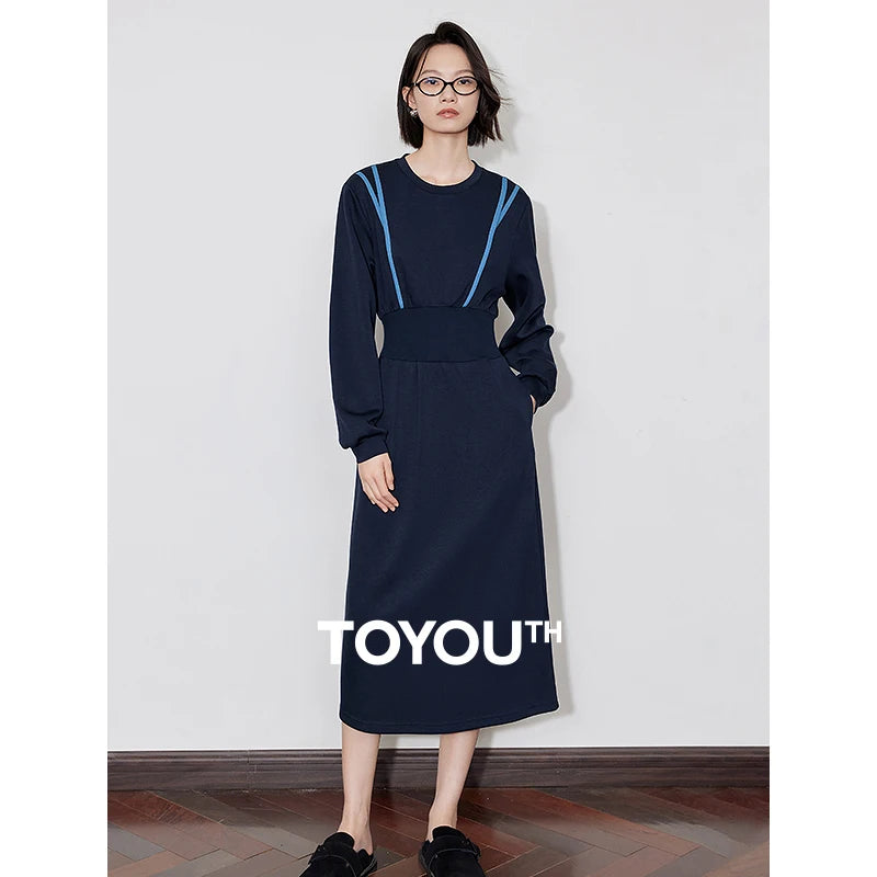 TOYOUTH Women Casual Dress 2024 Autumn Winter New Ribbon Splicing Contrasting Color Slim Waist Casual Dress