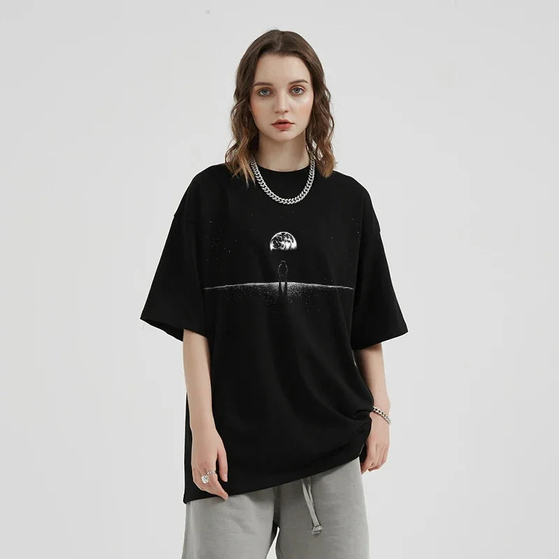 2024 T-Shirt Streetwear Space Astronaut Graphic T Shirt Cotton Hipster Men Tshirt Unisex Tops Tees Black Hip Hop Clothing