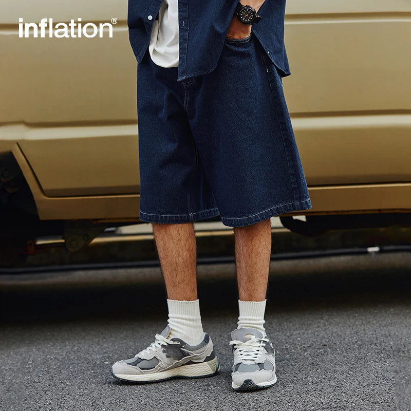 INFLATION Vintage Denim Shorts Man Loose Straight Washed Jeans Shorts Male Plus Szie