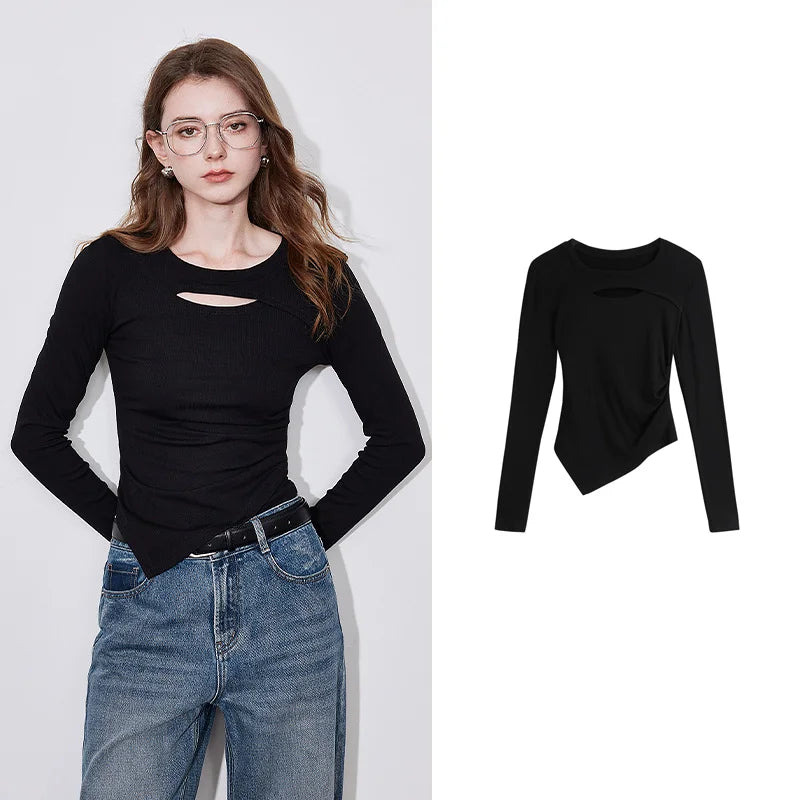 TOYOUTH Women Long Sleeve T-shirt 2024 Autumn and Winter New Round Neck Hollowed Out Slim Fit Basic Tee Tops