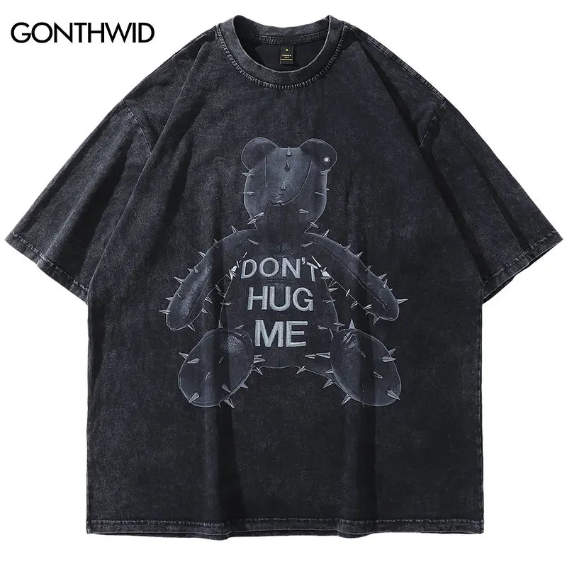 Men Vintage Punk Tshirt Streetwear Hip Hop Bear Graphic Print Oversized Washed T Shirts 2024 Harajuku Summer Fashion Loose Tops