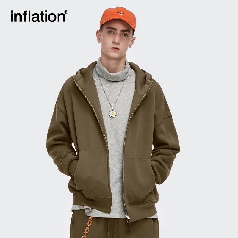 INFLATION Zip Up Hoodies Set Men Oversized Two Pieces Set Winter Thick Fleece Casual Tracksuit Couple Zipper Sweatsuit