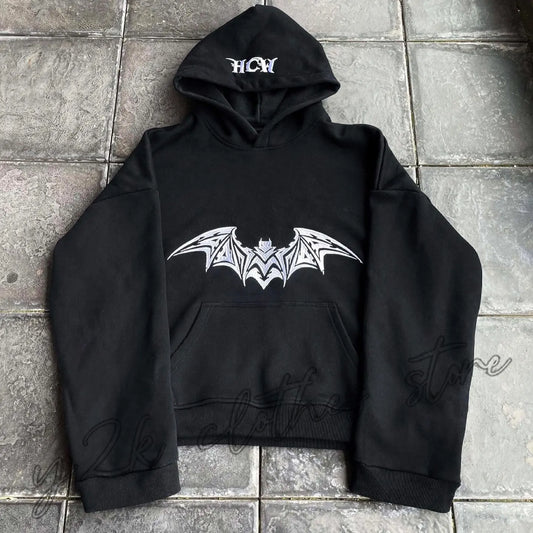 Y2K Hoodie Black Harajuku Hip Hop Bat Graphic Print Oversized Hoodie Sweatshirt Men Women New Rock Retro Gothic Tops Streetwear