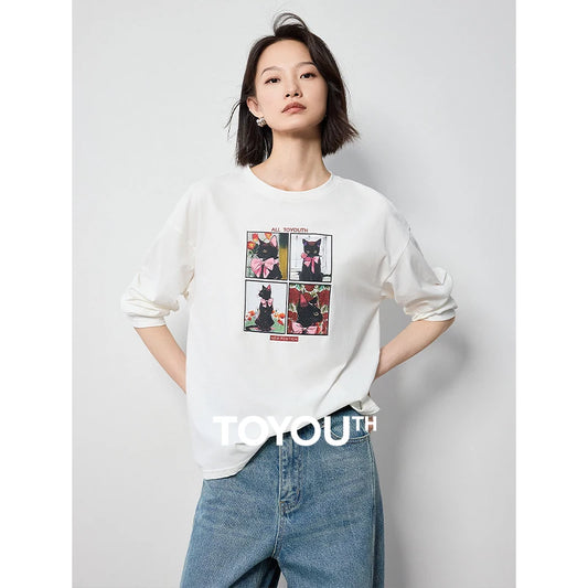 TOYOUTH Women T-shirt 2024 Autumn New Cartoon Cat Printed Round Neck Cotton Tops White