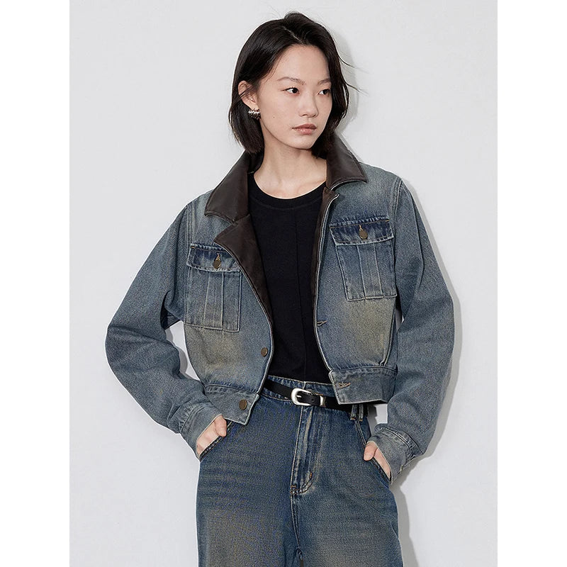 TOYOUTH Women Denim Jacket 2024 Autumn Winter New Short Style Leater Turn Down Collar Streetwear Jacket Coat