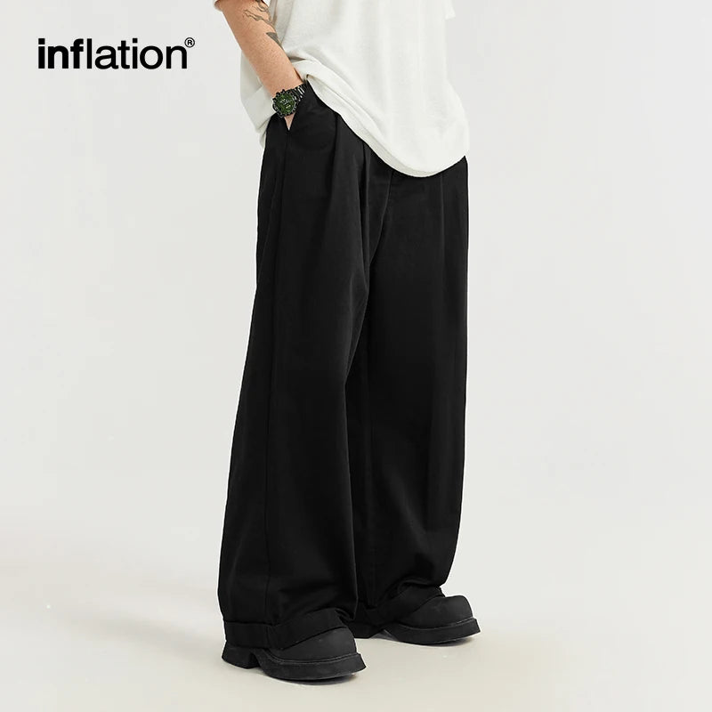 INFLATION Japanese Style Double Pleat Straight Leg Pants Unisex Trendy Casual Trousers