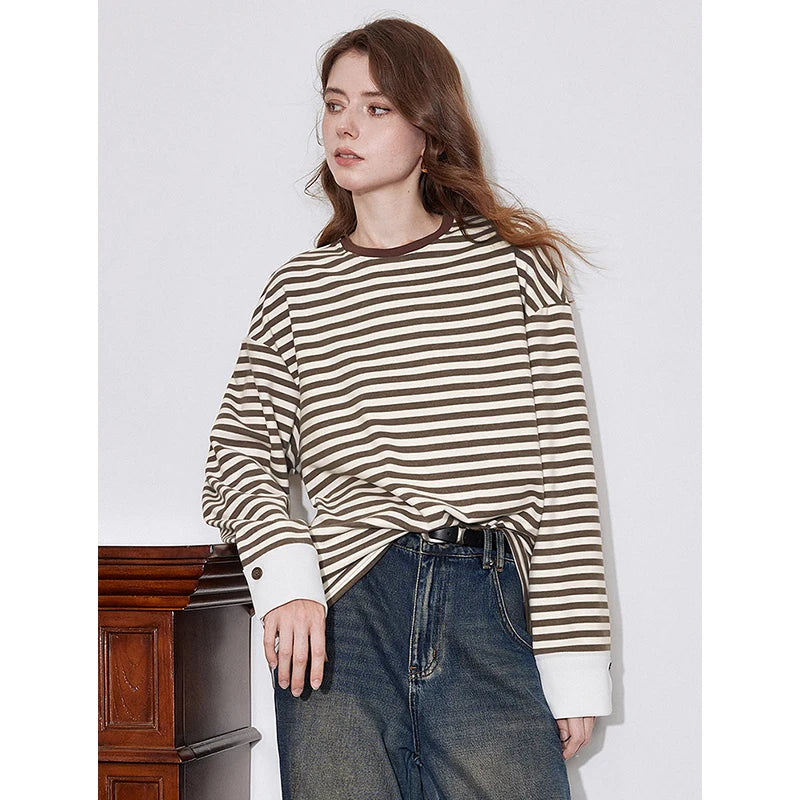 TOYOUTH Women Long Sleeve T-shirt 2024 Autumn New  American Style Striped Lazy Style Round Neck Warm Tops