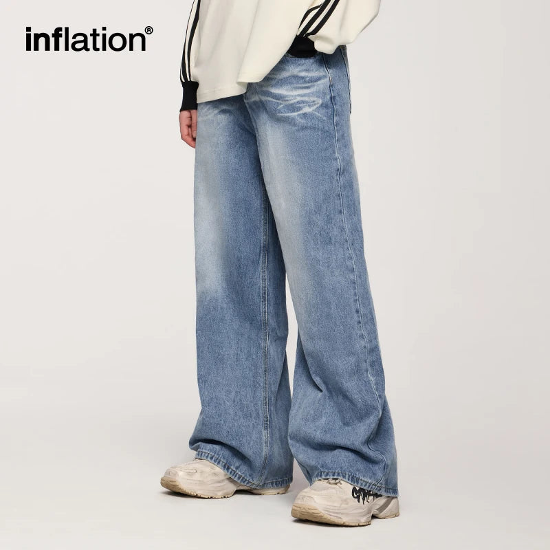 INFLATION Ripple Washed Straight Leg Pants American Street Vintage Faded Denim Jeans for Men