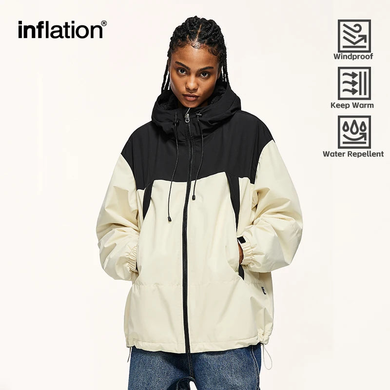 INFLATION Winter Arctic Velvet Inner Parkas Unisex High Neck Windproof Cotton Padded Hooded Jacket Mens Outdoor Coat