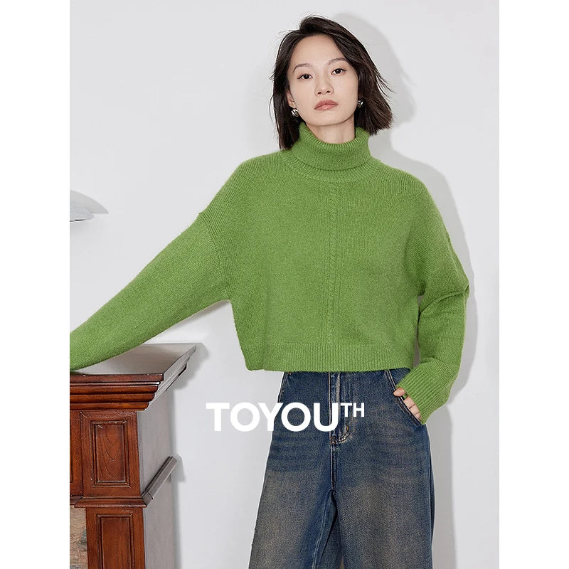 TOYOUTH Women Turtleneck Sweater 2024 Winter New Green Thicken Warm Short Mohair Pullover Tops