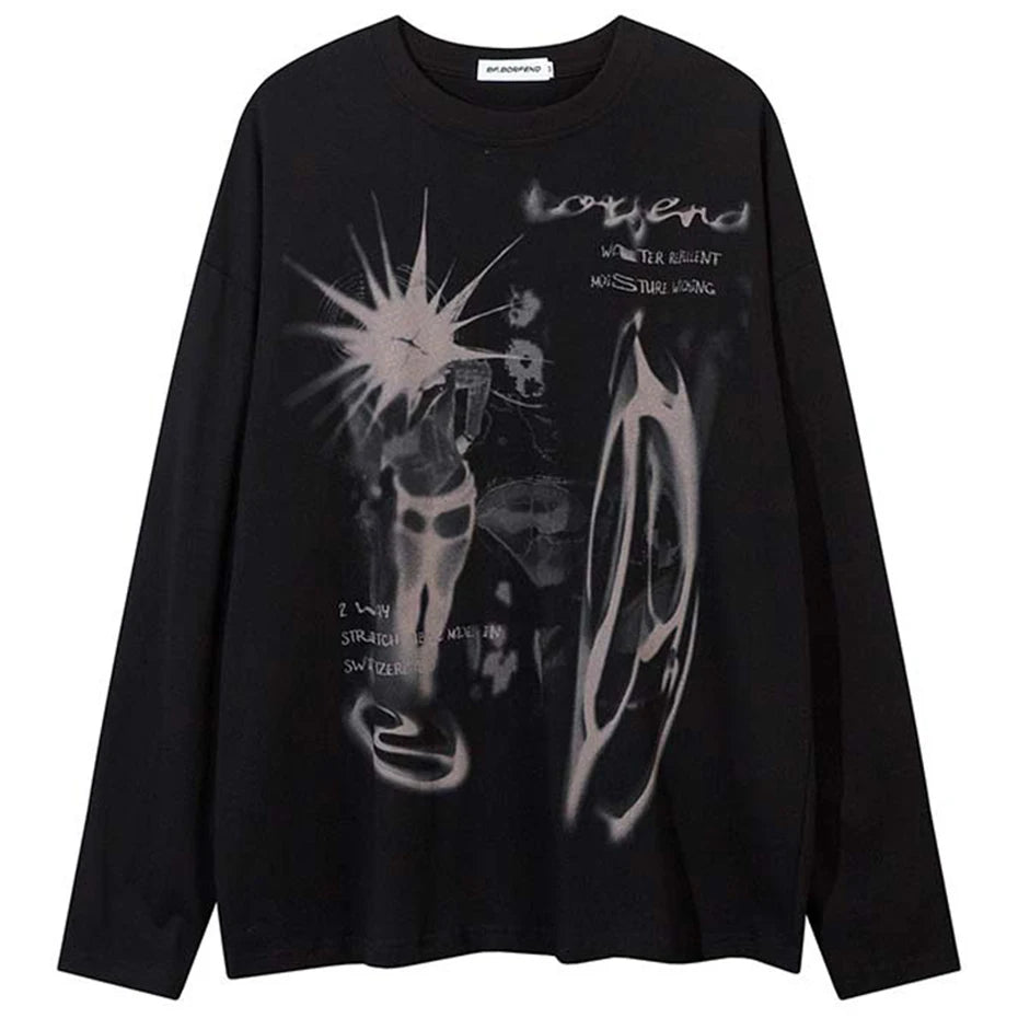 Punk Gothic Long Sleeve T-shirts 2024 New Men Streetwear Harajuku Graphic T Shirt Hip Hop Oversized Black Tee Tops Y2K