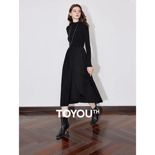 TOYOUTH Women Dress 2024 Autumn Winter New Turtleneck Collar Splicing Mid Length Slim Fit Warm Black Dress