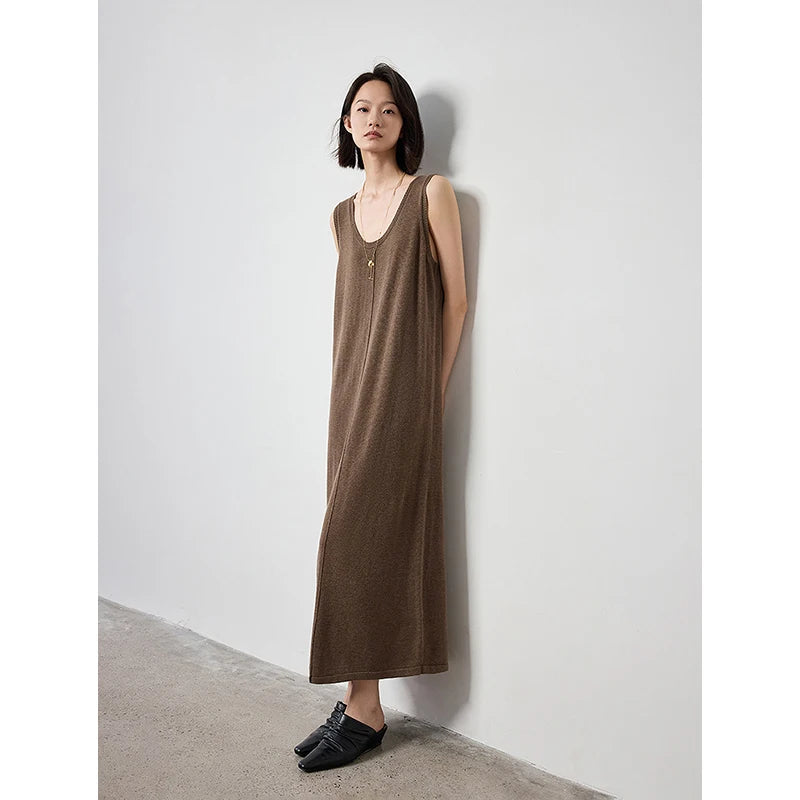 TOYOUTH Women Sleeveless Dress 2024 Autumn New U Neck Straight Solid Color Wool Casual Long Dress