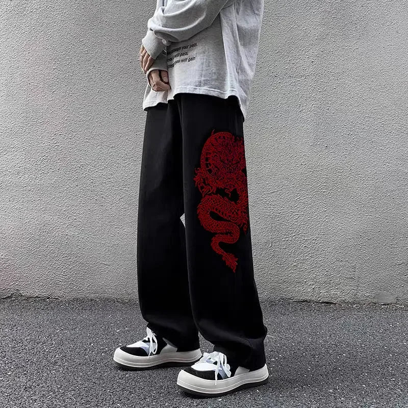 Y2k High Street New Style Dragon Pattern Embroidery Baggy Jeans Retro Hip Hop Casual High Waisted Jeans Men and Women Streetwear