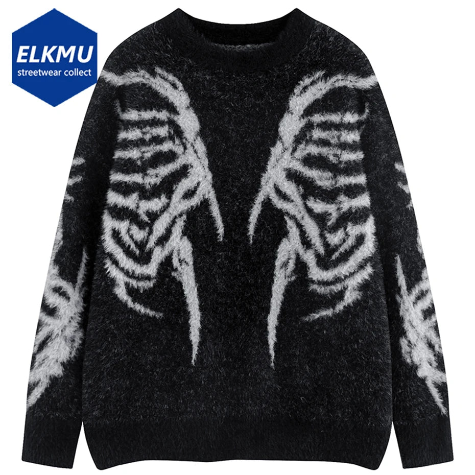 Skeleton Graphic Sweater Men Hip Hop Harajuku Oversized Sweater Knitted Jumper Streetwear Y2K Loose Pullover Sweaters Black