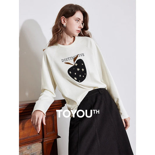 TOYOUTH Women Long Sleeve T-shirt 2024 Autumn New Apple Pattern Round Neck Cotton Outerwear White Tops