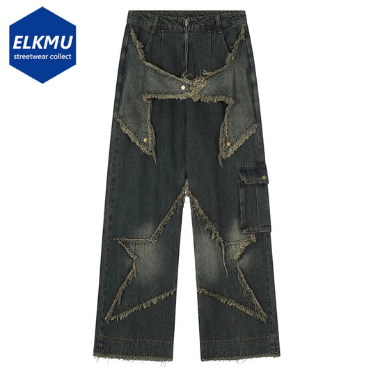 Vintage Baggy Jeans Star Patchwork Loose Straight Denim Pants 2023 New Men Hip Hop Streetwear Jeans