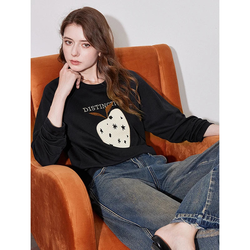 TOYOUTH Women Long Sleeve T-shirt 2024 Autumn New Apple Pattern Round Neck Cotton Outerwear White Tops