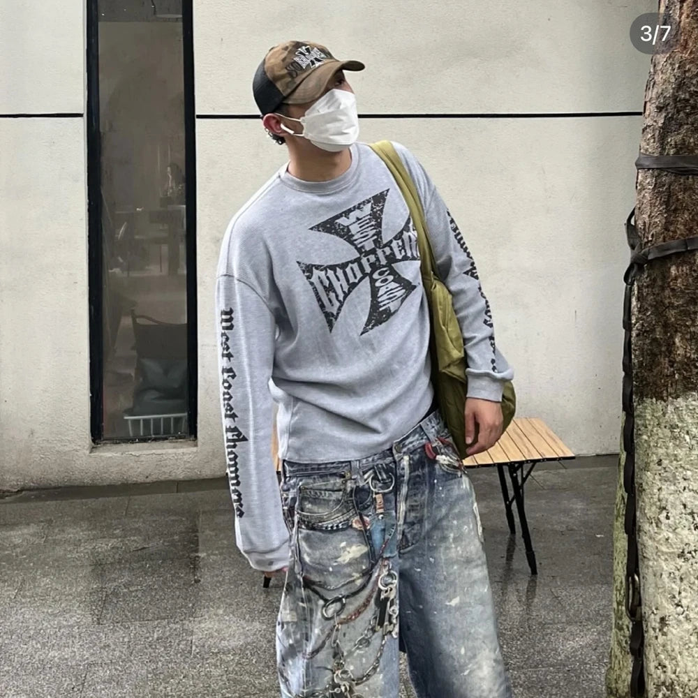 Yao888 Vintage Loose Streetwear HipHop Sanskrit Logo Print Tee Long Sleeve Oversize Y2k High Quality Fashion T Shirt For Men