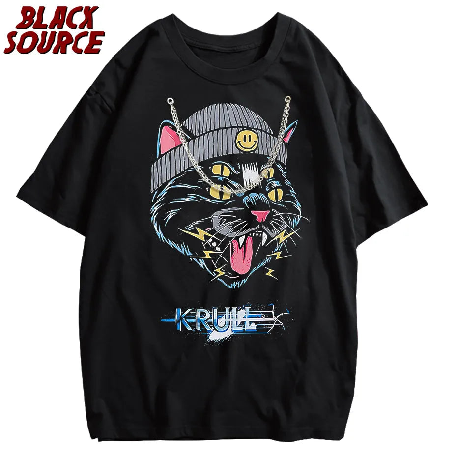 Hip Hop Oversized Tshirt Streetwear Cat Graphic Print Punk Gothic T-Shirt Men 2023 Casual Washed Tee Shirts Harajuku Cotton Tops