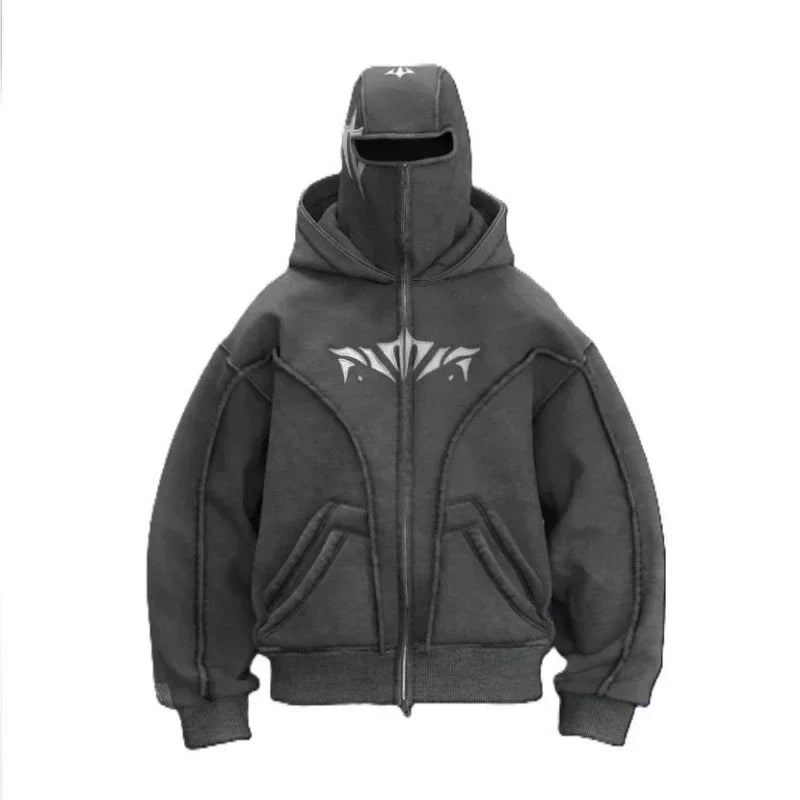 Y2K Zip up Hoodie Vintage Pattern Harajuku Double Hat high quality Oversized Sweatshirt new Men Women Hip hop Fashion Streetwear