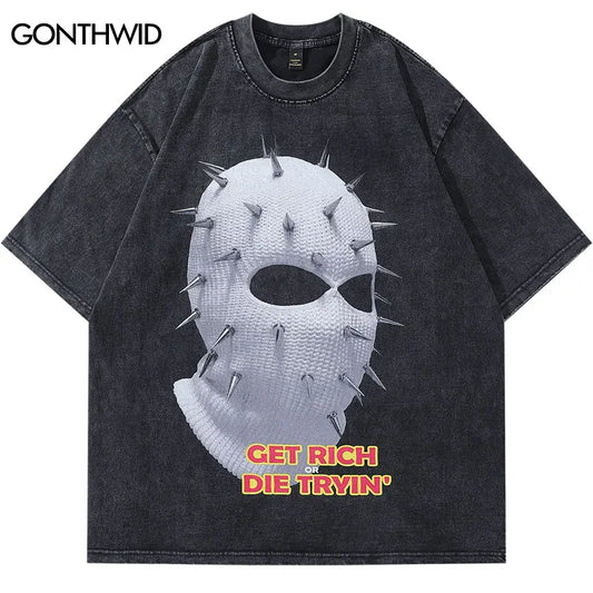 Vintage Oversize Tshirt Streetwear Hip Hop Balaclava Graphic Print Washed T-Shirt Harajuku Punk Gothic Loose Top Fashion Clothes