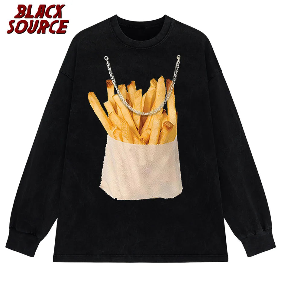 Retro Harajuku Y2K street funny wild casual fashion double-sided printing french fries sweater t shirt