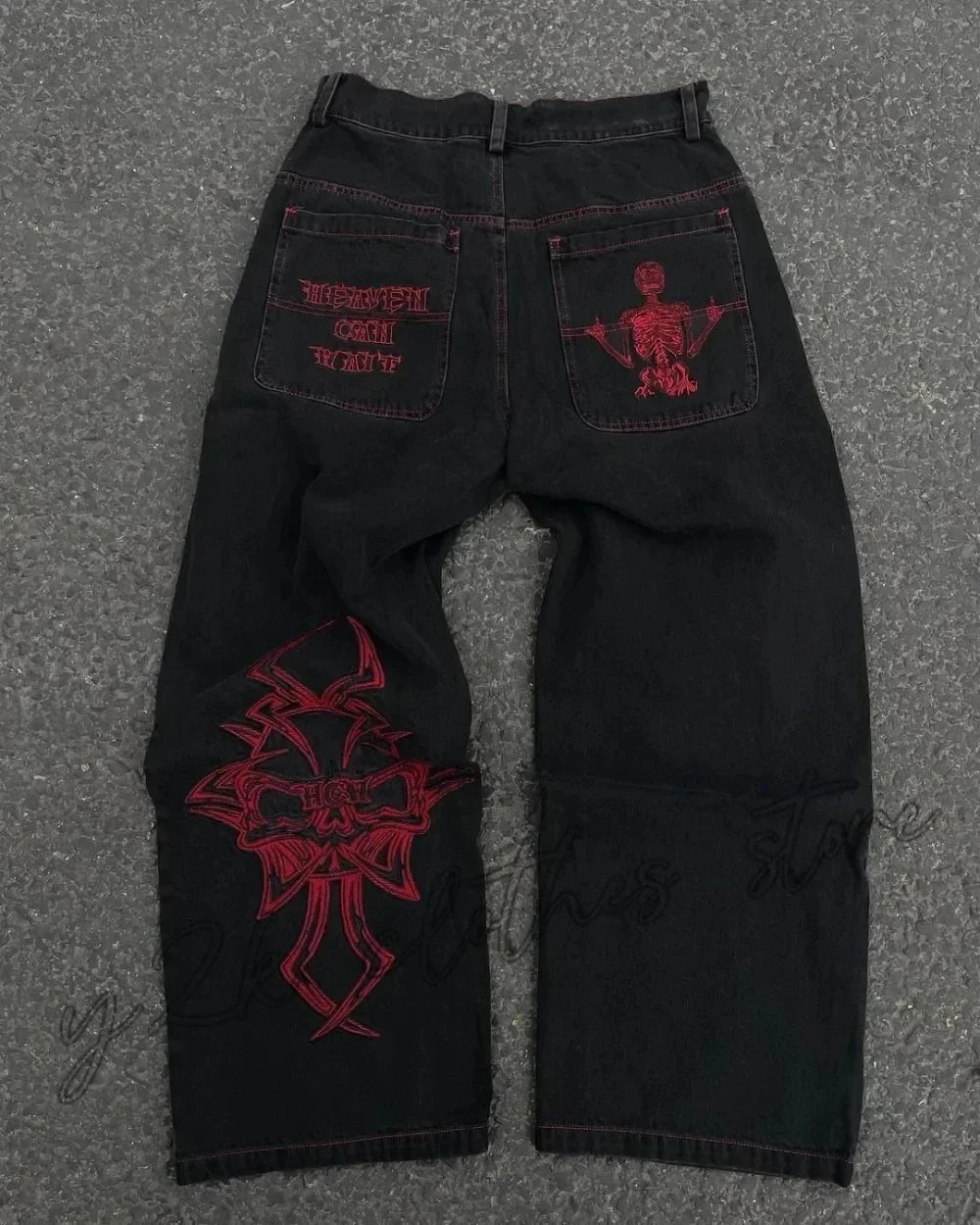 Retro Y2k Pants Hip Hop Goth Oversized Skull Pattern Baggy Jeans Wide Legs Low Waist Sports Skateboard Denim Trousers Streetwear